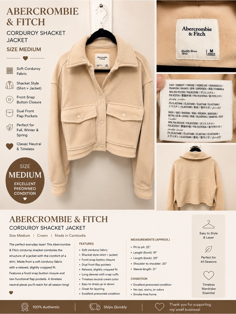 Abercrombie & Fitch Cream Corduroy Shacket Jacket